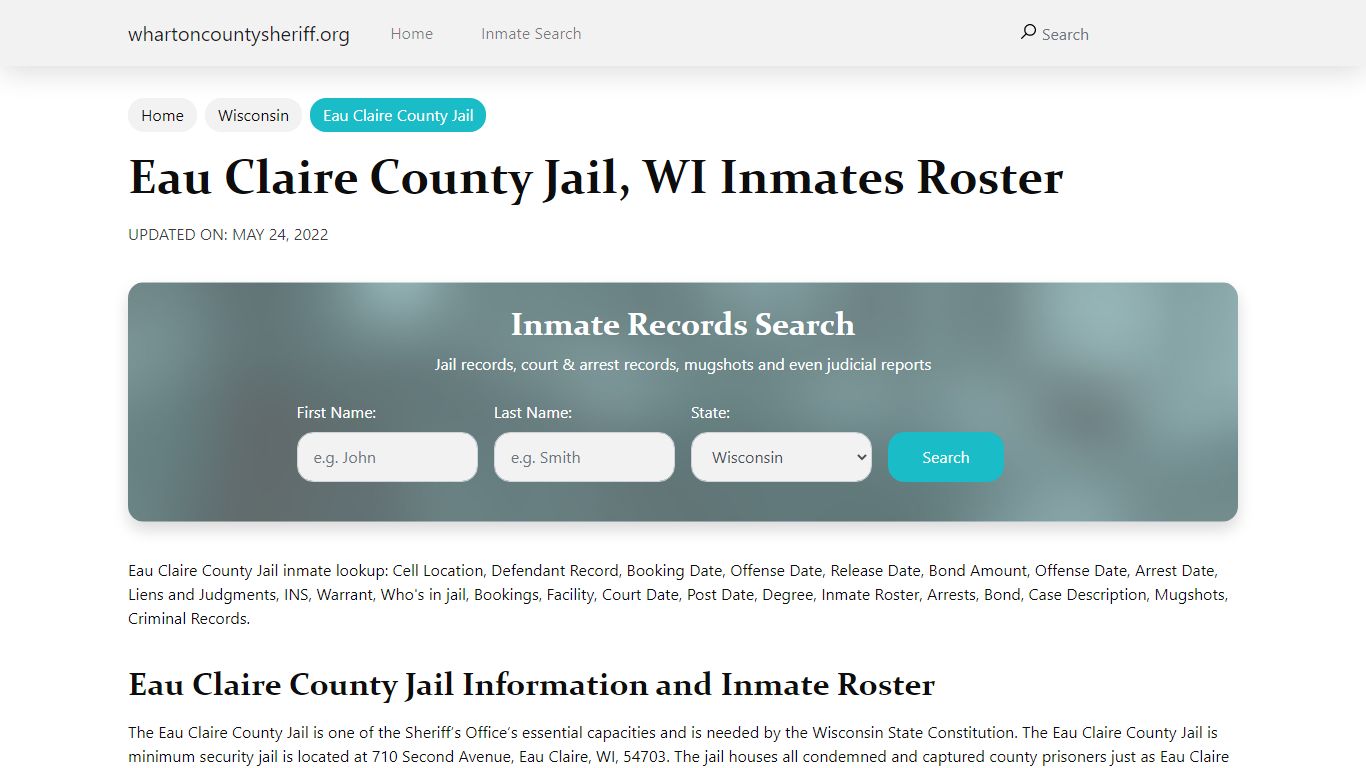 Eau Claire County Jail, WI Jail Roster, Name Search