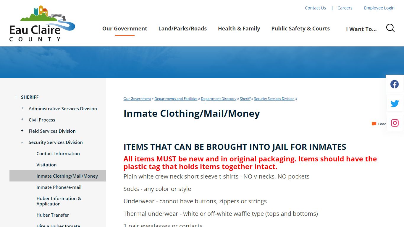 Inmate Clothing/Mail/Money | Eau Claire County